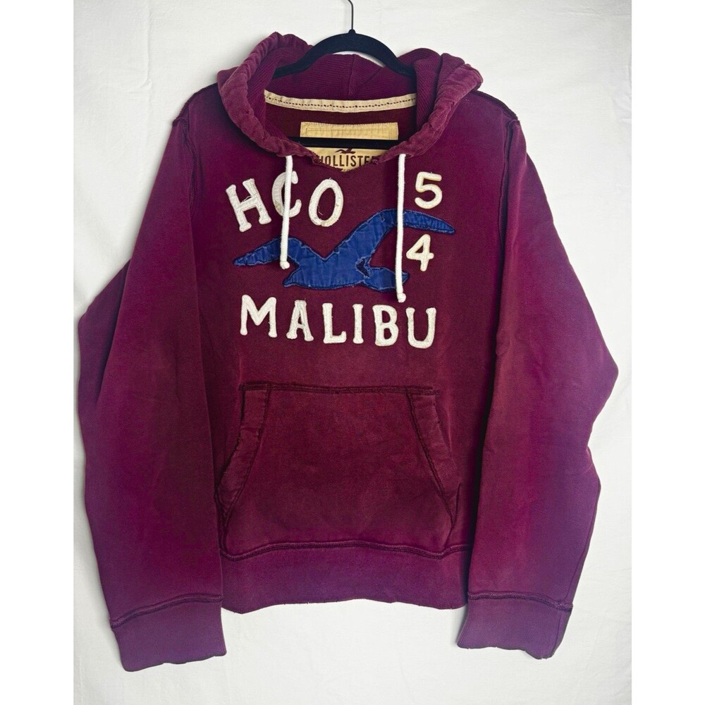 Hollister Men's Burgundy Distressed Graphic Fleece Pullover Hoodie Pockets XL
